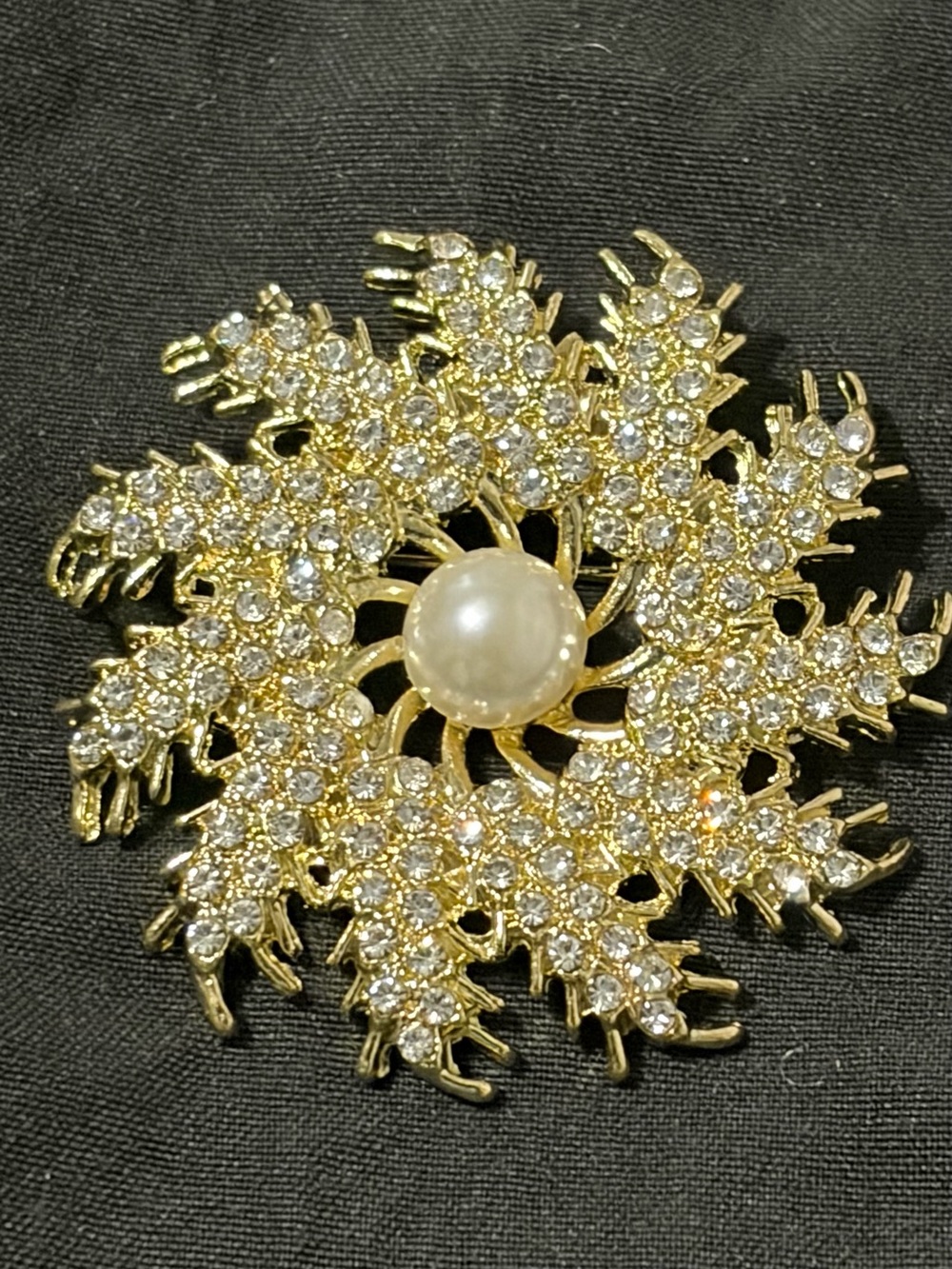 Gold-Tone Crystal Floral Brooch with Pearl Center